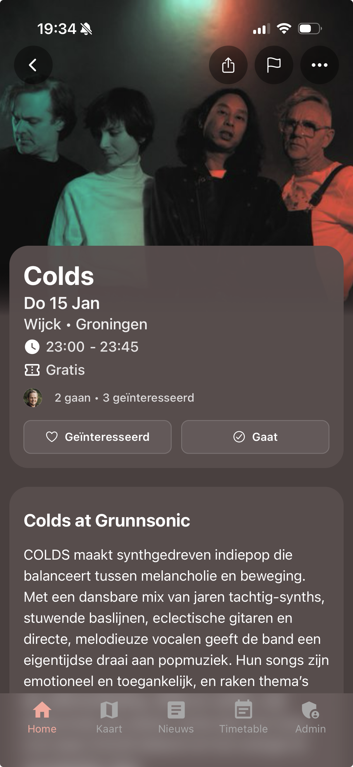 Jamr event detail with interested/going buttons and friends attendance modal