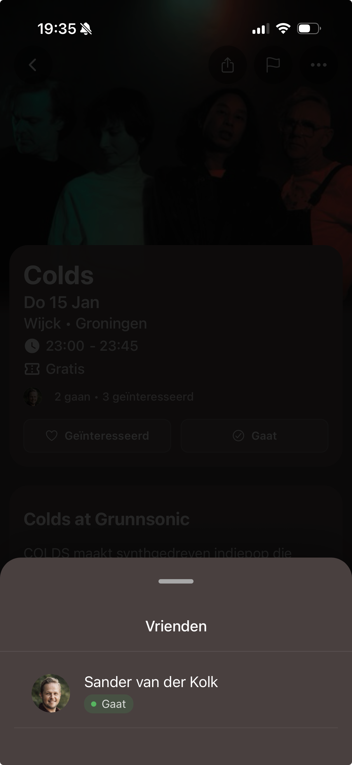Jamr event detail with interested/going buttons and friends attendance modal