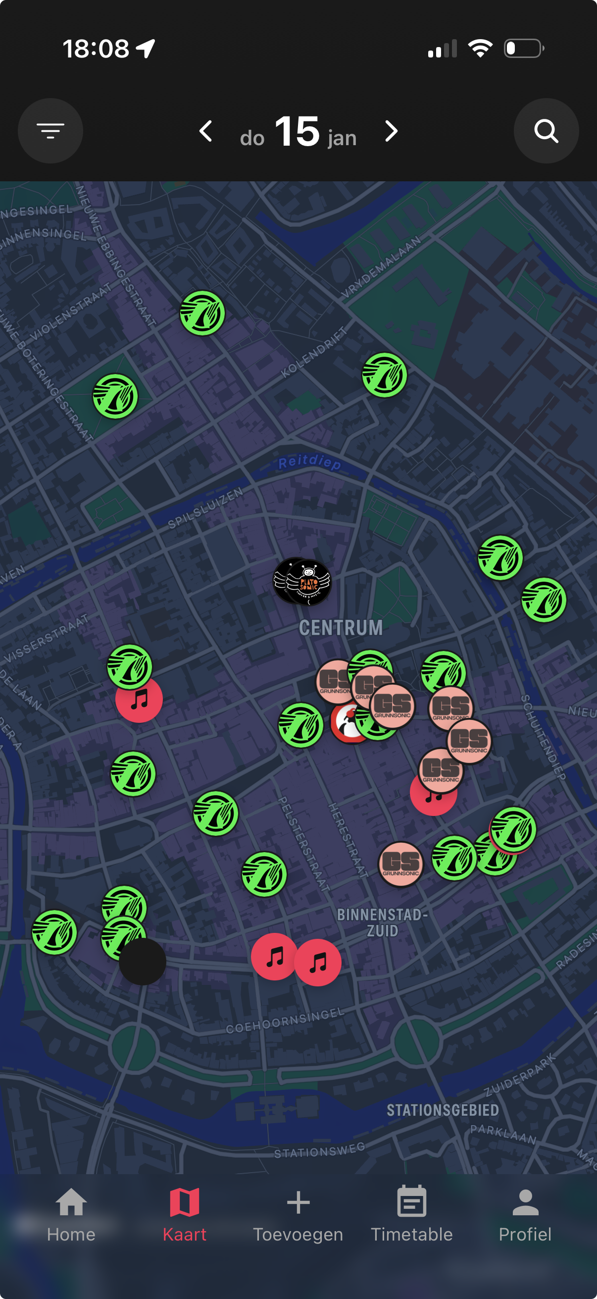 Jamr explore map during ESNS showing venue markers across Groningen centrum